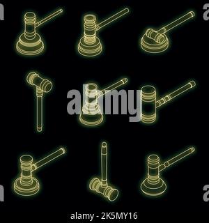 Judge hammer icons set. Isometric set of judge hammer vector icons neon color on black Stock Vector