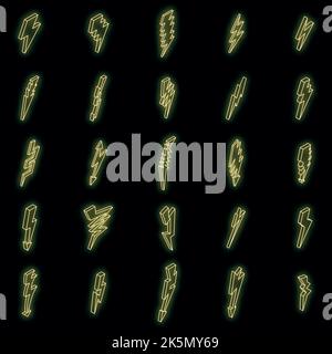 Lightning bolt icons set. Isometric set of lightning bolt vector icons neon color on black Stock Vector