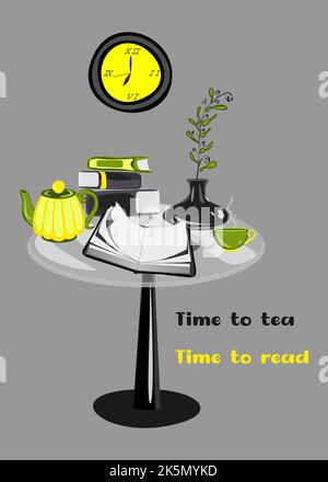 Vector poster of Glass table with books and tea pot and cup on it. Time to tea time ti read guote Stock Vector