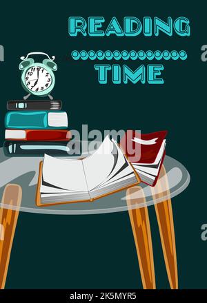 Vector poster of Glass table with books and tea pot and cup on it. Time to tea time ti read guote Stock Vector