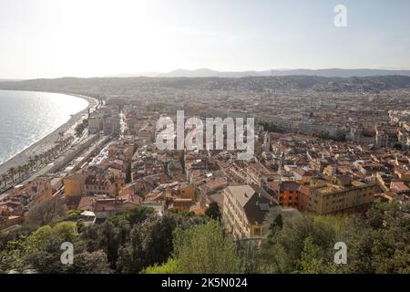 Nice, France - April 18, 2022: Overview of the sea town of Nice on the French riviera during a sunny spring day. Stock Photo