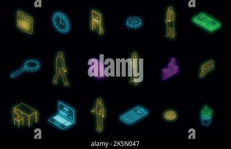 Account manager icons set. Isometric set of account manager vector icons neon color on black Stock Vector