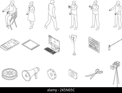Clip maker icons set. Isometric set of clip maker vector icons outline thin lne isolated on white Stock Vector