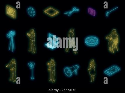 Clip maker icons set. Isometric set of clip maker vector icons neon color on black Stock Vector