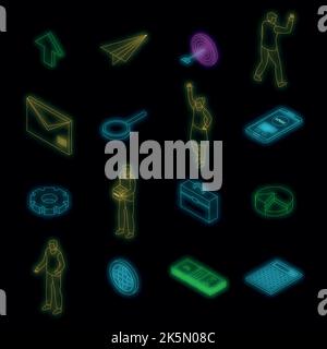 Brand manager icons set. Isometric set of brand manager vector icons neon color on black Stock Vector