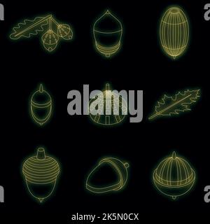 Acorn icons set. Isometric set of acorn vector icons neon color on black Stock Vector
