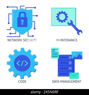 Software data processing, update and protection flat icon set. Data types, system maintenance symbols. Vector illustration. Stock Vector