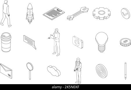 Product manager icons set. Isometric set of product manager vector icons outline thin lne isolated on white Stock Vector