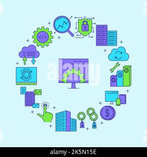 Computer software development round poster in colored line style. Vector illustration. Stock Vector