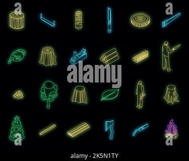Deforestation icons set. Isometric set of deforestation vector icons neon color on black Stock Vector