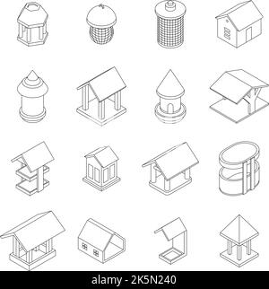 Bird feeders icons set. Isometric set of bird feeders vector icons outline thin lne isolated on white Stock Vector
