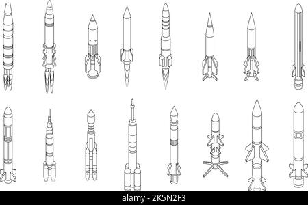 Missile attack icons set. Isometric set of missile attack vector icons outline thin lne isolated on white Stock Vector