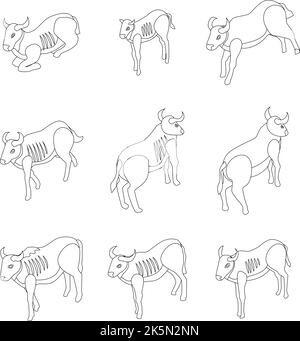 Wildebeest icons set. Isometric set of wildebeest vector icons outline thin lne isolated on white Stock Vector