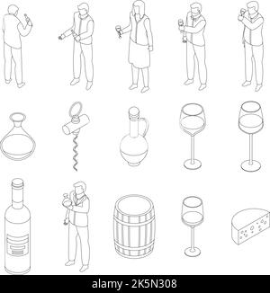 Sommelier icons set. Isometric set of sommelier vector icons outline thin lne isolated on white Stock Vector