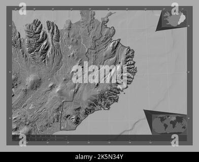 Austurland, region of Iceland. Bilevel elevation map with lakes and rivers. Corner auxiliary location maps Stock Photo