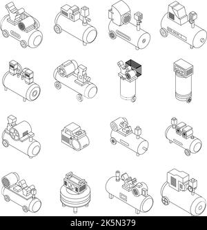 Air compressor icons set. Isometric set of air compressor vector icons outline thin lne isolated on white Stock Vector