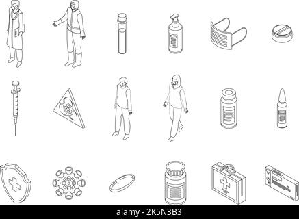 Coronavirus icons set. Isometric set of coronavirus vector icons outline thin lne isolated on white Stock Vector