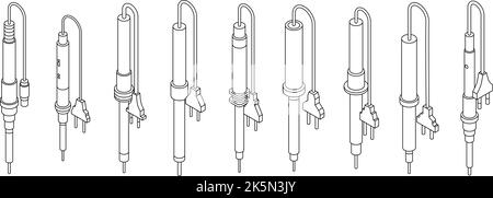 Soldering iron icons set. Isometric set of soldering iron vector icons outline thin lne isolated on white Stock Vector