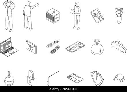 Fraud icons set. Isometric set of fraud vector icons outline thin lne isolated on white Stock Vector