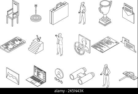 Headhunter icons set. Isometric set of headhunter vector icons outline thin lne isolated on white Stock Vector