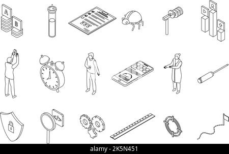 Testing software icons set. Isometric set of testing software vector icons outline thin lne isolated on white Stock Vector