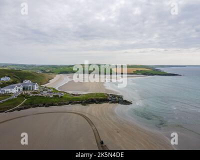 Ireland, West Cork, Inchydoney Beach - 05 16 2022: Inchydoney blue flag beach, considered one of the most beautiful in Ireland. Drone shot. Stock Photo