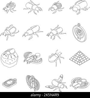 Scarab beetle icons set. Isometric set of scarab beetle vector icons outline thin lne isolated on white Stock Vector