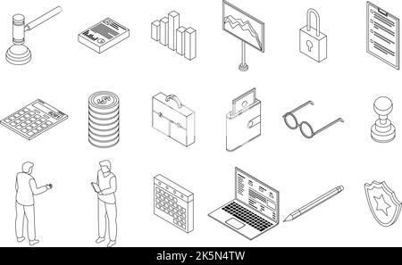 Audit icons set. Isometric set of audit vector icons outline thin lne isolated on white Stock Vector