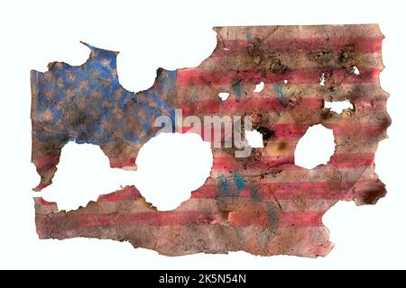 heavily damaged  and grungy USA  flag, stars and stripes isolated on white background Stock Photo
