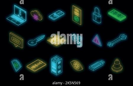 Multi-factor authentication icons set. Isometric set of multi-factor authentication vector icons neon color on black Stock Vector