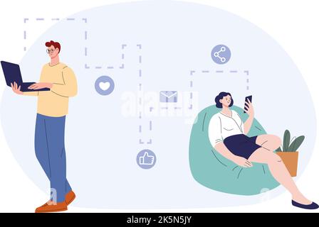 Transmission of electronic information, digital message or image route from computer to smartphone. Distance work, flirting or communication vector Stock Vector