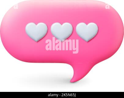 Communication message 3d pink bubble. Speech balloon with hearts. Voice text comment vector element. Dialogue frame, romantic, valentines day symbol Stock Vector
