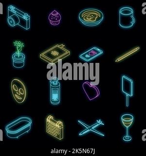 Self-care icons set. Isometric set of self-care vector icons neon color on black Stock Vector