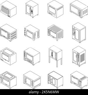 Convection oven icons set. Isometric set of convection oven vector icons outline thin lne isolated on white Stock Vector