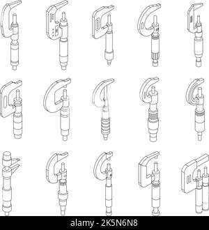 Micrometer icons set. Isometric set of micrometer vector icons outline thin lne isolated on white Stock Vector