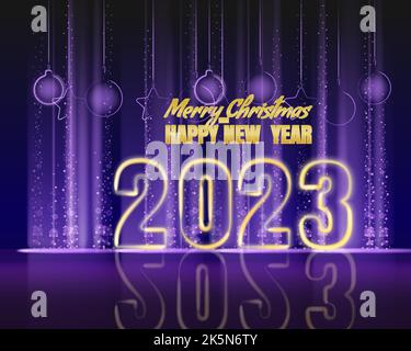 Merry Christmas and Happy New Year 2023 background, tree violet lights dust decoration, violet blurred magic glow on dark background Stock Vector