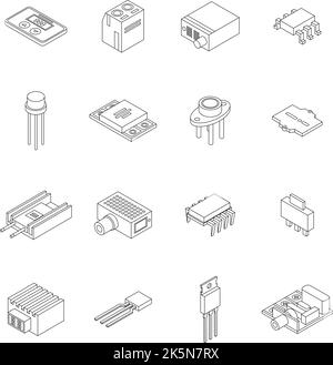 Voltage regulator icons set. Isometric set of voltage regulator vector icons outline thin lne isolated on white Stock Vector