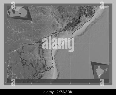 Andhra Pradesh, state of India. Grayscale elevation map with lakes and rivers. Corner auxiliary location maps Stock Photo