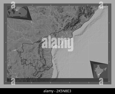 Andhra Pradesh, state of India. Bilevel elevation map with lakes and rivers. Corner auxiliary location maps Stock Photo