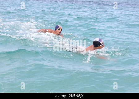 Swimmers in action during the Libya Swimming Competition in Misrata. The event had 75 swimmers and the competition included female participation for the first time in the history of Libya. (Photo by Islam Alatrash / SOPA Images/Sipa USA) Stock Photo