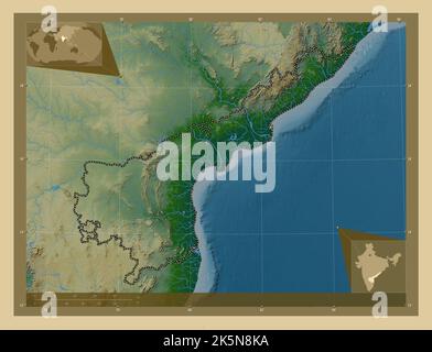 Andhra Pradesh, state of India. Colored elevation map with lakes and rivers. Corner auxiliary location maps Stock Photo