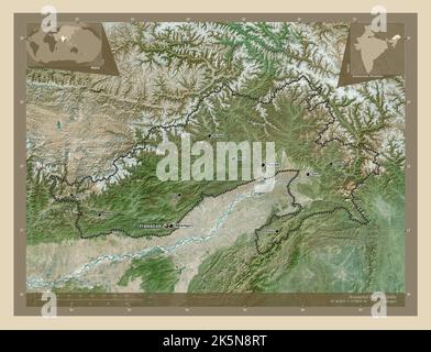 Arunachal Pradesh, state of India. High resolution satellite map. Locations and names of major cities of the region. Corner auxiliary location maps Stock Photo