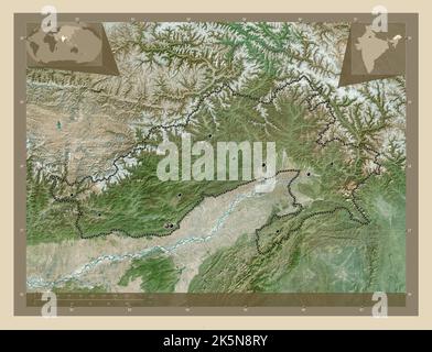 Arunachal Pradesh, state of India. High resolution satellite map. Locations of major cities of the region. Corner auxiliary location maps Stock Photo