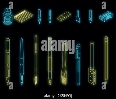 Calligraphy tools icons set. Isometric set of calligraphy tools vector icons neon color on black Stock Vector