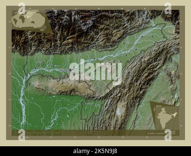 Assam, state of India. Colored elevation map with lakes and rivers ...