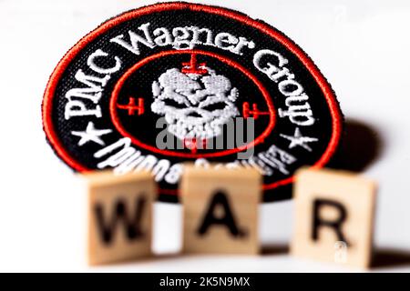 View of a logo of the Russian private security company 'Wagner Group' on white background Stock Photo