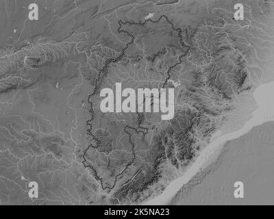 Chhattisgarh, state of India. Grayscale elevation map with lakes and rivers Stock Photo