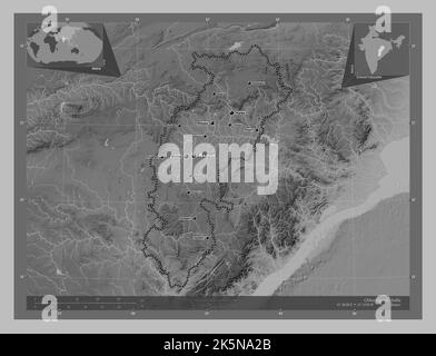 Chhattisgarh, state of India. Grayscale elevation map with lakes and rivers. Locations and names of major cities of the region. Corner auxiliary locat Stock Photo