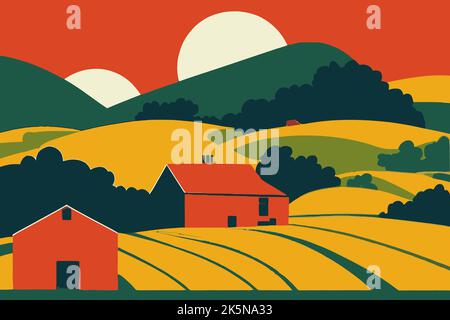 A farmland with rural houses and greenery Stock Vector