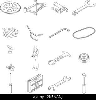 Bicycle repair icons set. Isometric set of bicycle repair vector icons outline thin lne isolated on white Stock Vector